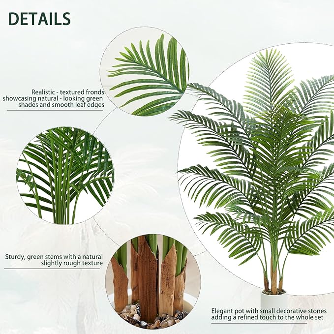 Artificial Palm Tree Plant 6FT Tall Fake Tropical Palm Tree in Pot, Real Bark Design Faux Areca Palm Tree for Home Office Living Room Bedroom Farmhouse Modern Indoor Outdoor Topiary Tree (18 Trunks)
