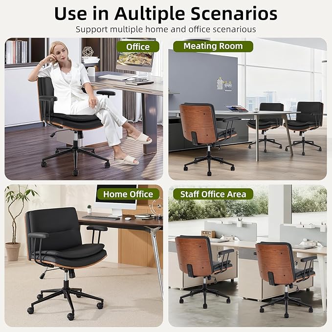Criss Cross Chair with Armrests & Wheels, PU Leather Adjustable Swivel Walnut Task Chair with Wide Seat, Ergonomic Mid Back Computer Office Desk Chairs for Meeting Room, Home