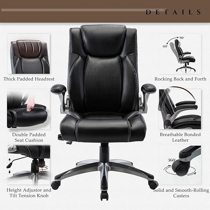 COLAMY Ergonomic Home Office Chair-Adjustable Lumbar Support for Extra Comfort, High Back Design with Padded Flip-up Arms for Adult Working, Study, Gaming (Black), 250lbs