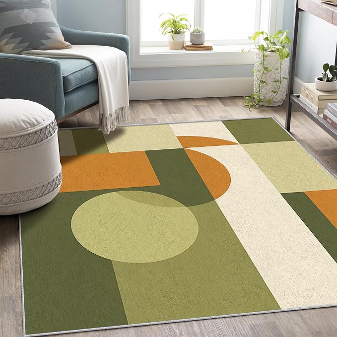 Mid Century Rug 8x12, Washable Modern Geometric Rugs for Living Room Bedroom, Minimalist Area Rug for Home Decor, Non Slip Backing Floor Carpet with Gripper - 8 x 12 ft