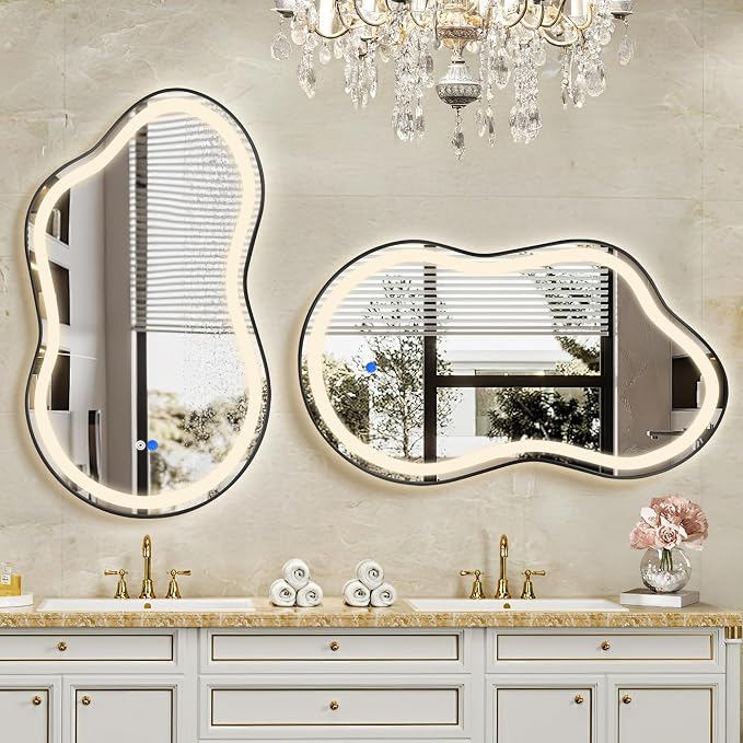 Irregular LED Bathroom Mirror with Lights, Cloud Smart Backlit Mirror, Dimmable Lighted Bathroom Mirror with Anti-Fog, Asymmetrical Vanity Mirror Hangable 2 Ways (Black, 20" x 36", 1 Pack)
