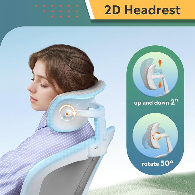 DEVAISE Office Chair, High Back Mesh Ergonomic Desk Chair with Flip-up Armrests, Adjustable Headrest and Lumbar Support, White