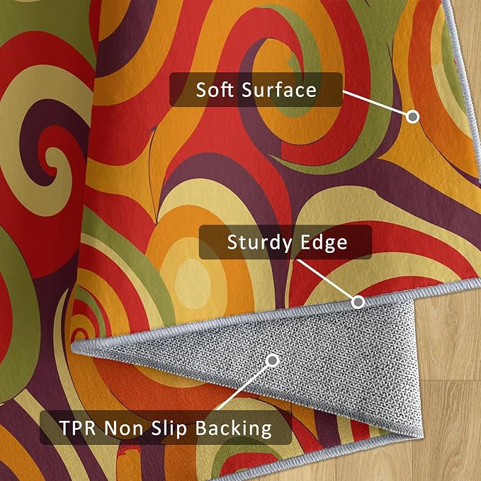 70s Retro Rug Large 7x10 Swirl Psychedelic Groovy Hippie Pop Pattern Area Rugs for Living Room, Bedroom, 70s Retro Home Decor Accessories Indoor Carpet, Non Slip & Machine Washable, GD0321
