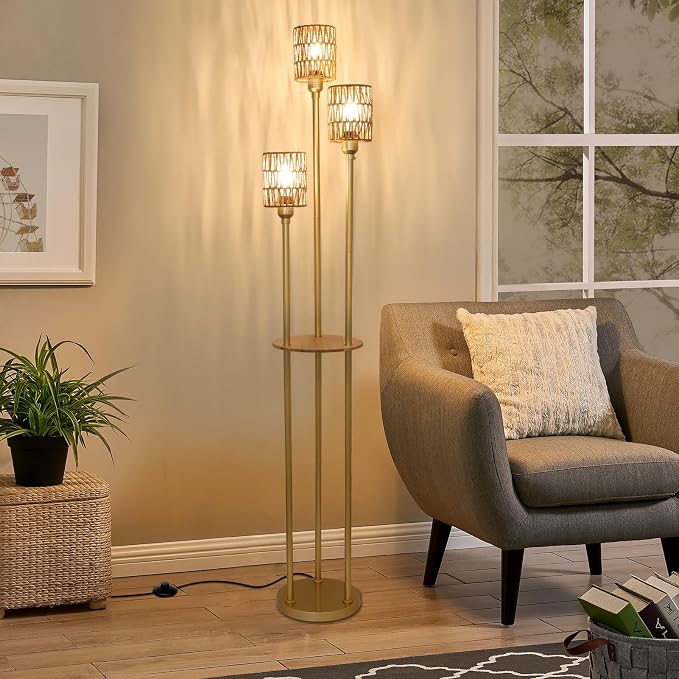 Boho Floor Lamp with Shelves, 3-Lights Farmhouse Tall Floor Lamp with ON/Off Foot Switch, Gold Modern Floor Lamps with Rattan Shades, Rustic Standing Lamp for Living Room, Bedroom, Office