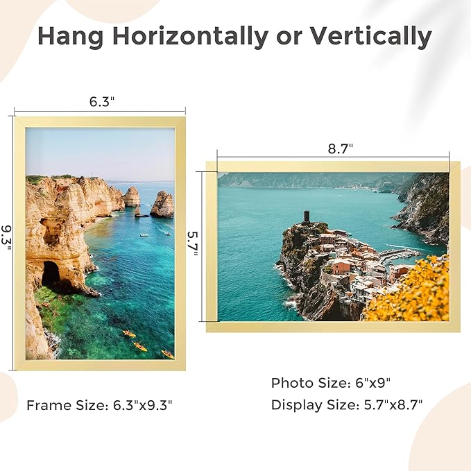 6x9 Metal Picture Frame - Gold Aluminum Picture Frames with Real Glass, Wall Mounting Horizontally or Vertically, Simple and Elegant Decor for Wall Gallery Poster Photo 9x6 Frames, Gold
