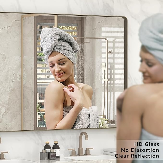 44x36 Bronze Bathroom Mirror, Brushed Metal Bathroom Vanity Mirrors for Wall, Rounded Corner Bronze Rectangle Mirror for Farmhouse, Bedroom, Anti-Rust (Horizontal/Vertical)