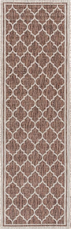 Eyely BMS109B-28 Santa Monica Trebol Moroccan Trellis Textured Weave Indoor/Outdoor Runner Rug Coastal;Bohemian, Bedroom, Backyard, Patio, Easy-Cleaning, Non-Shedding, 2 X 8, Espresso/Taupe