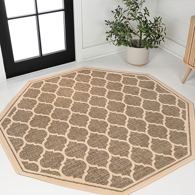 Eyely BMS109A-8TGN Trebol Moroccan Trellis Textured Weave Brown/Beige 8' Octagon Indoor/Outdoor Area Rug, Brown/Beige, 8' Octagon, Indoor/Outdoor, Area Rug