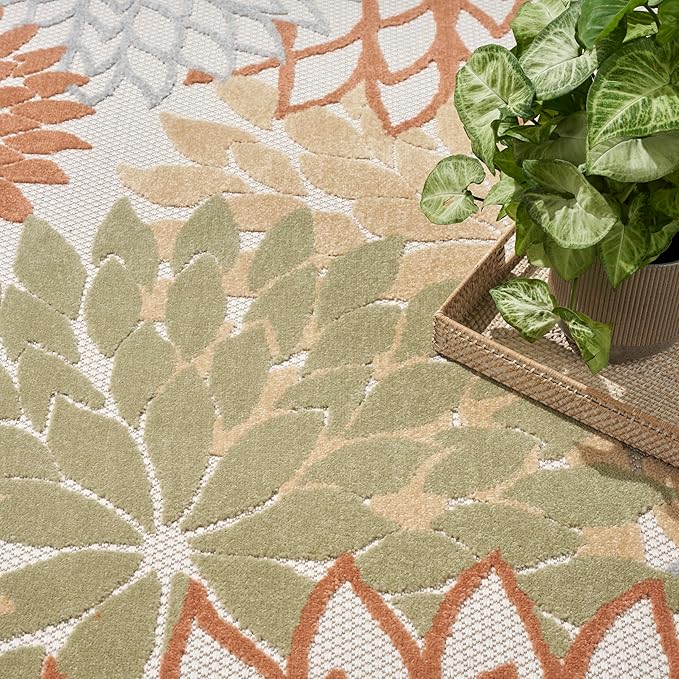 Nourison Home Aloha Indoor-Outdoor Ivory Multicolor 7'10" x 10'6" Area Rug, Easy Cleaning, Non Shedding, Bed Room, Living Room, Dining Room, Backyard, Deck, Patio (8x11)