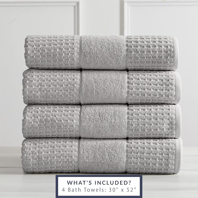 100% Cotton Super Soft Luxury Bath Towel Set | Quick-Dry and Highly Absorbent | Waffle Textured | 550 GSM | Includes 4 Bath Towels | Harper Collection (Light Grey)