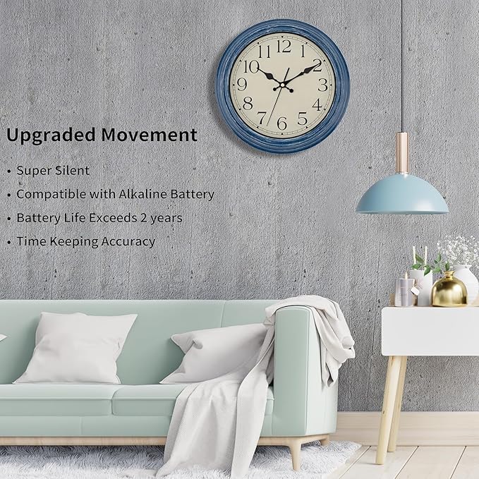 Foxtop 12 Inch Wall Clocks Battery Operated Silent Non-Ticking Classic Vintage Retro Wall Clock Decorative for Office Living Room Kitchen Home (Blue)
