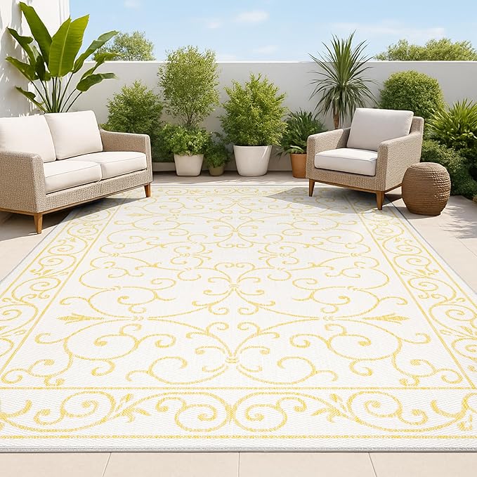JONATHAN Y Vintage Filigree Indoor Outdoor Area Rug 5X8 Cream/Yellow, Charleston Textured Weave for Backyard, Patio, Porch, Easy-Cleaning, High Traffic, Pet-Friendly, Non-Shedding (SMB106M-5)