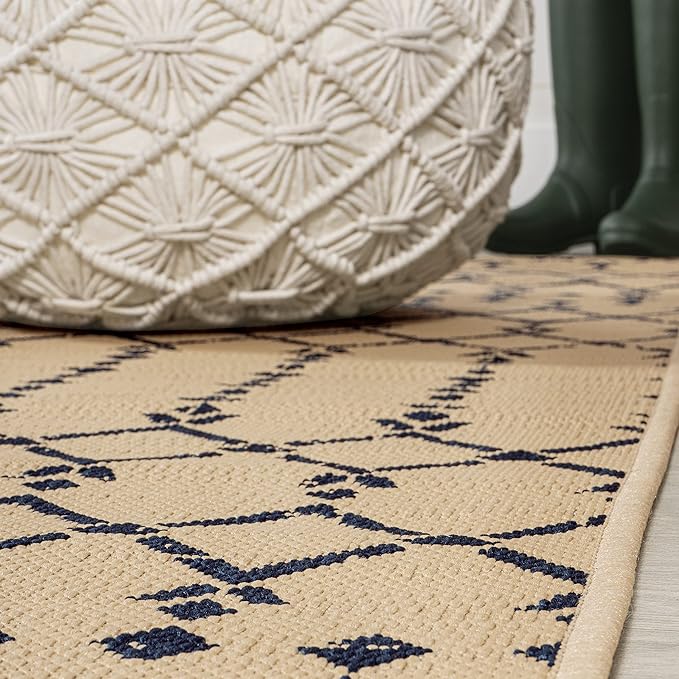 JONATHAN Y SMB108H-8SQ Ourika Moroccan Geometric Textured Weave Beige/Navy 8' Square Indoor/Outdoor Area Rug, Pet Friendly, Non-Shedding, Stain Resistant, Easy-Cleaning for Backyard, Patio, Porch