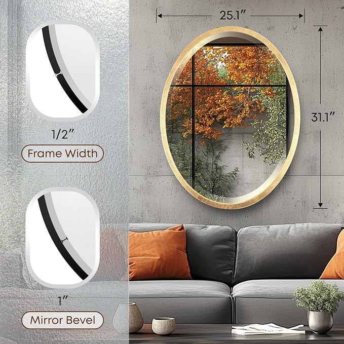 OVALCREST - Oval Wooden Beveled Wall Mirror for Home Decor, Bathroom, Vanity, Bedroom, Living Room, Hallway - London Style (Gold Leaf) 31.1 x 25.1