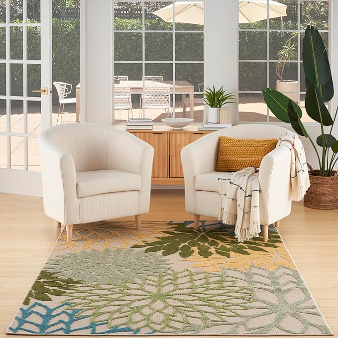 Nourison Home Aloha Tropical Indoor/Outdoor Green Multicolor 6' x 9' Area Rug, Easy Cleaning, Non Shedding, Bed Room, Living Room, Dining Room, Backyard, Deck, Patio (6x9)