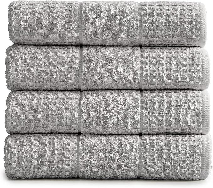 100% Cotton Super Soft Luxury Bath Towel Set | Quick-Dry and Highly Absorbent | Waffle Textured | 550 GSM | Includes 4 Bath Towels | Harper Collection (Light Grey)