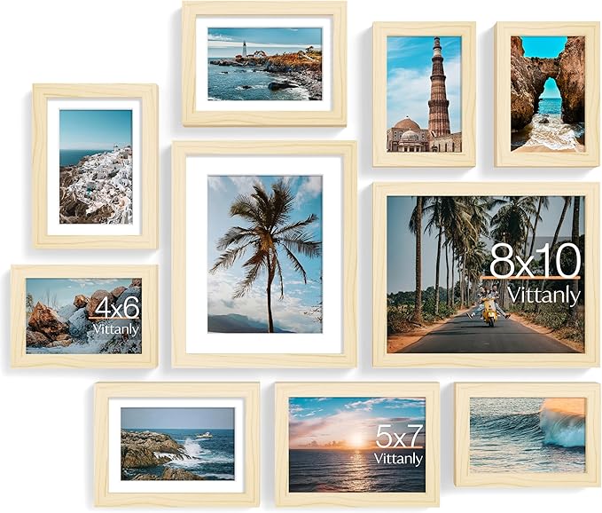 Vittanly Picture Frames Set of 10, Picture Frames Collage Wall Decor with Two 8x10, Four 5x7, and Four 4x6 Photo Frames, Gallery Wall Frame Set for Wall or Tabletop Display, Natural
