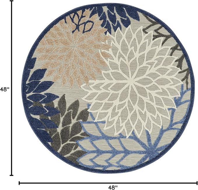 Nourison Aloha Indoor/Outdoor Blue/Multicolor 4' x Round Area Rug, Tropical, Botanical, Easy Cleaning, Non Shedding, Bed Room, Living Room, Dining Room, Deck, Backyard, Patio (4 Round)