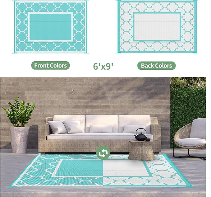 GENIMO 6' x 9' Outdoor Rug Waterproof for Patio Decor, Reversible Plastic Straw Area Mats Carpet for Camper Clearance, Outside Carpet for Rv, Deck, Porch, Beach, Balcony, Aqua Blue & White
