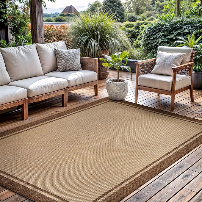 CAMILSON Outdoor Rug 5x7 Bordered Natural Brown Modern Area Rugs for Indoor and Outdoor Patios, Kitchen and Hallway Mats, Washable Porch Deck Outside Carpet (Border Jute, 5 x 7)