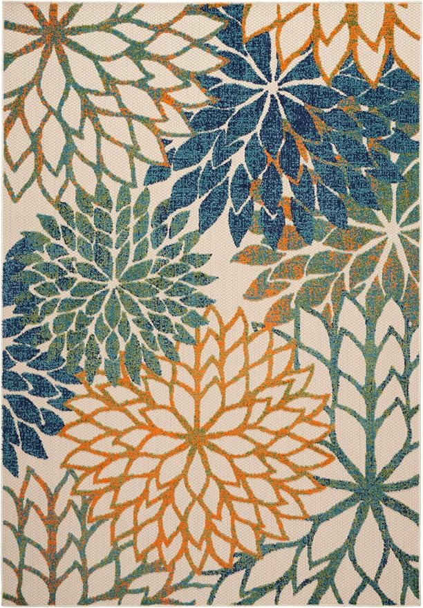 Nourison Home Aloha Indoor Outdoor Blue Green 3'6" x 5'6" Area Rug, Easy Cleaning, Non Shedding, Bed Room, Living Room, Dining Room, Backyard, Deck, Patio (4x6)