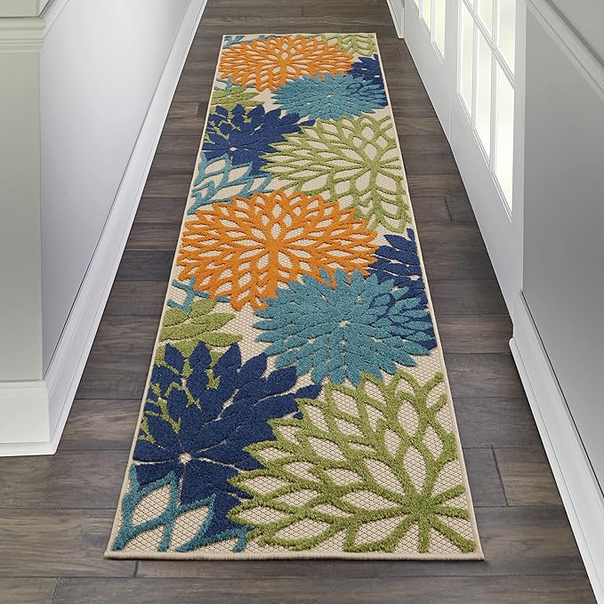 Nourison Aloha Indoor/Outdoor Multicolor 2'3'' x 10' Area-Rug, Tropical, Botanical, Easy-Cleaning, Non Shedding, Bed Room, Living Room, Dining Room, Deck, Backyard, Patio (2x10)