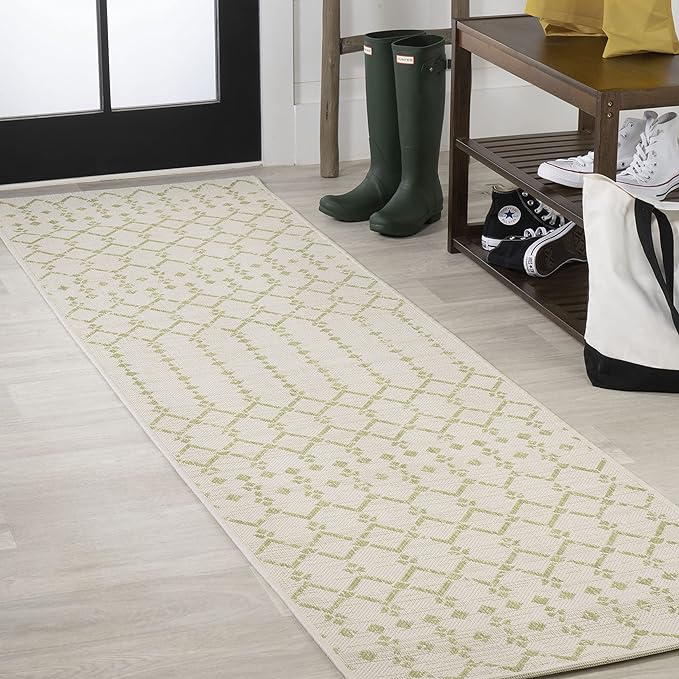 JONATHAN Y SMB108M-28 Ourika Moroccan Geometric Textured Weave Indoor Outdoor Runner Rug, Coastal, Traditional, Transitional Easy-Clean,Bedroom,Kitchen,Backyard,Patio,Non Shedding, Cream/Green, 2 X 8