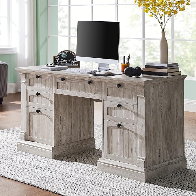 OKD 60" Executive Desk with Drawers, Farmhouse Home Office Desk with Charging Station, Keyboard Tray, File Cabinet Storage, Wood Computer Desk for Work and Study, Antique Brushed White