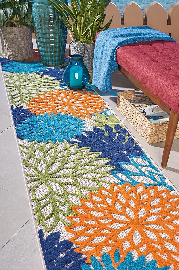 Nourison Aloha Indoor/Outdoor Multicolor 2'3'' x 10' Area-Rug, Tropical, Botanical, Easy-Cleaning, Non Shedding, Bed Room, Living Room, Dining Room, Deck, Backyard, Patio (2x10)