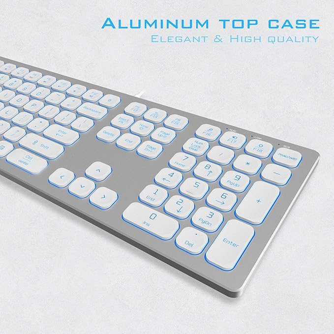 Aluminum Quiet Wired Keyboard Backlit- Slim Chiclet Key Compatible with Apple iMac, MacBook, Mac and PC, USB Keyboard Numeric Keypad RGB Lighted Key - Silver White