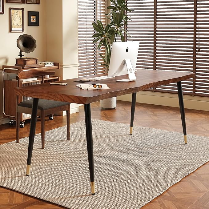 Solid Wood Desk 55 inches, Home Office Computer Desk Wooden Rustic Writing Desk Metal Modern Simple Design Executive Real Wood Desk(Walnut)