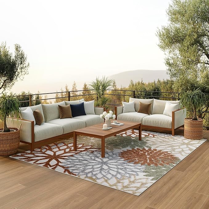 Nourison Home Aloha Indoor-Outdoor Ivory Multicolor 7'10" x 10'6" Area Rug, Easy Cleaning, Non Shedding, Bed Room, Living Room, Dining Room, Backyard, Deck, Patio (8x11)
