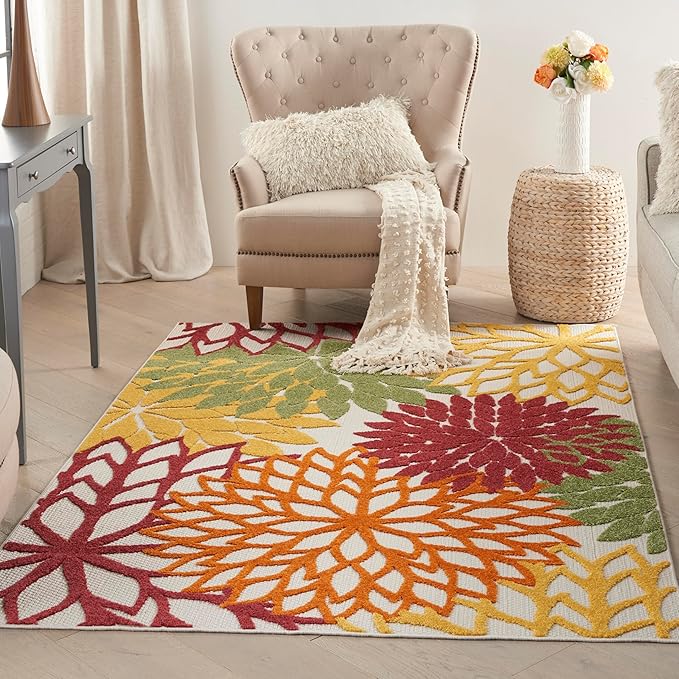 Nourison Aloha Indoor/Outdoor Red Multi Colored 6' x 9' Area Rug, Tropical, Botanical, Easy Cleaning, Non Shedding, Bed Room, Living Room, Dining Room, Deck, Backyard, Patio (6x9)