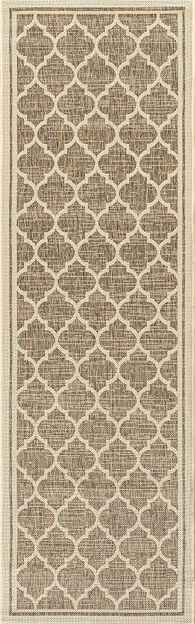 Eyely BMS109A-28 Santa Monica Trebol Moroccan Trellis Textured Weave Indoor/Outdoor Runner Rug Coastal;Bohemian, Bedroom, Backyard, Patio, Easy-Cleaning, Non-Shedding, 2 X 8, Brown/Beige
