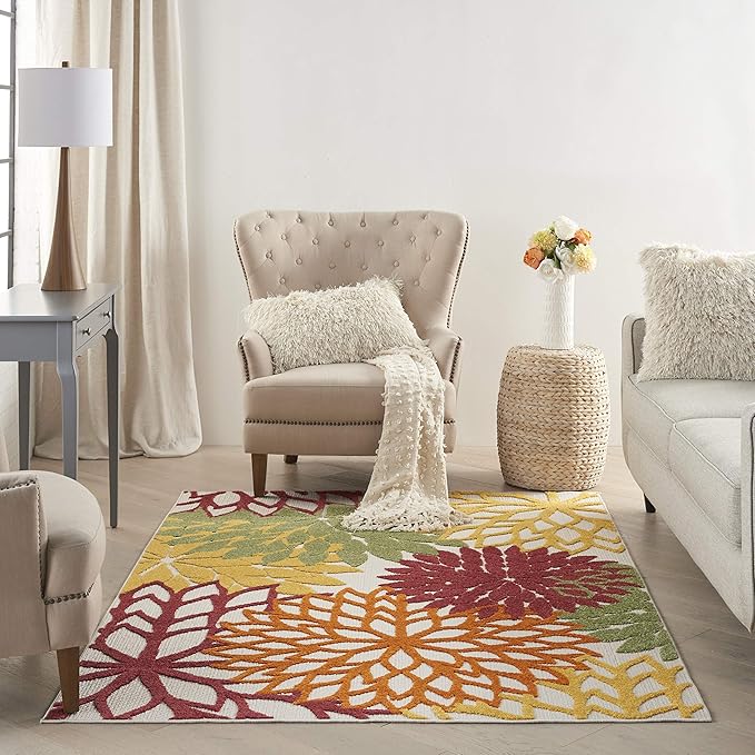 Nourison Aloha Indoor/Outdoor Red Multi Colored 5'3" x 7'5" Area Rug, Tropical, Botanical, Easy Cleaning, Non Shedding, Bed Room, Living Room, Dining Room, Deck, Backyard, Patio (5x7)