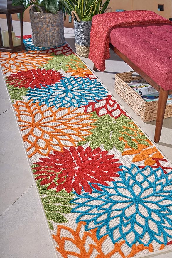 Nourison Aloha Indoor/Outdoor Green 2'3'' x 10' Area--Rug, Tropical, Botanical, Easy--Cleaning, Non Shedding, Bed Room, Living Room, Dining Room, Deck, Backyard, Patio (2x10)