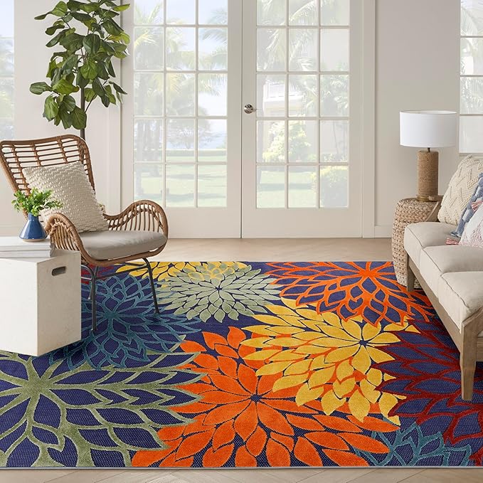 Nourison Home Aloha Indoor/Outdoor Modern Navy Multicolor 7'10" x 10'6" Area Rug, Easy Cleaning, Non Shedding, Bed Room, Living Room, Dining Room, Backyard, Deck, Patio (8x11)