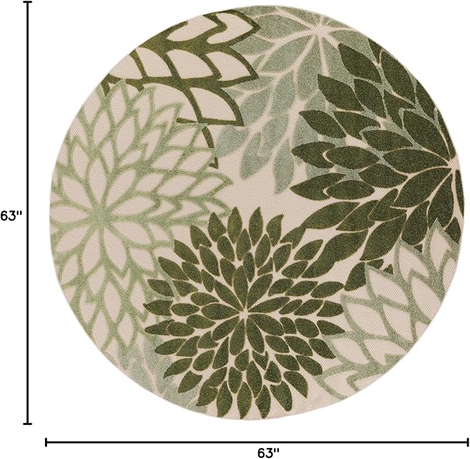 Nourison Home Aloha Indoor/Outdoor Ivory Green 5'3" x Round Area Rug, Easy Cleaning, Non-Shedding, Bed Room, Living Room, Dining Room, Backyard, Patio, Deck (5 Round)