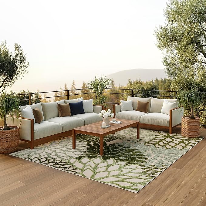 Nourison Home Aloha Indoor/Outdoor Ivory Green 7'10" x 10'6" Area Rug, Easy-Cleaning, Non Shedding, Bed Room, Living Room, Dining Room, Backyard, Patio, Deck (8x11)