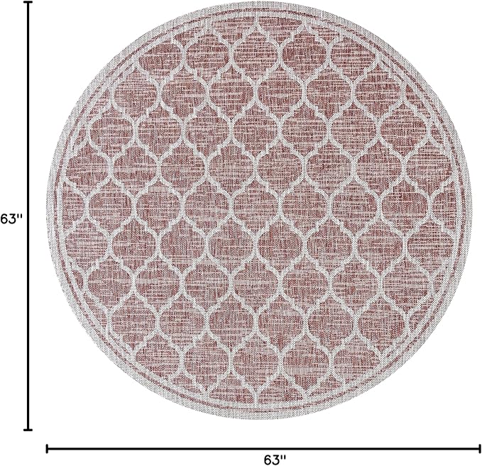 Eyely BMS109C-5R Santa Monica Trebol Moroccan Trellis Textured Weave Indoor/Outdoor Area Rug Coastal;Bohemian, Bedroom, Backyard, Patio, Easy-Cleaning, Non-Shedding, 5' Round, Red/Beige