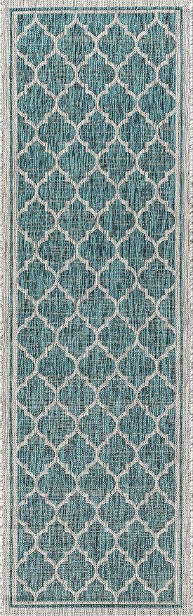 Eyely BMS109E-28 Santa Monica Trebol Moroccan Trellis Textured Weave Indoor/Outdoor Runner Rug Coastal;Bohemian, Bedroom, Backyard, Patio, Easy-Cleaning, Non-Shedding, 2 X 8, Teal/Gray