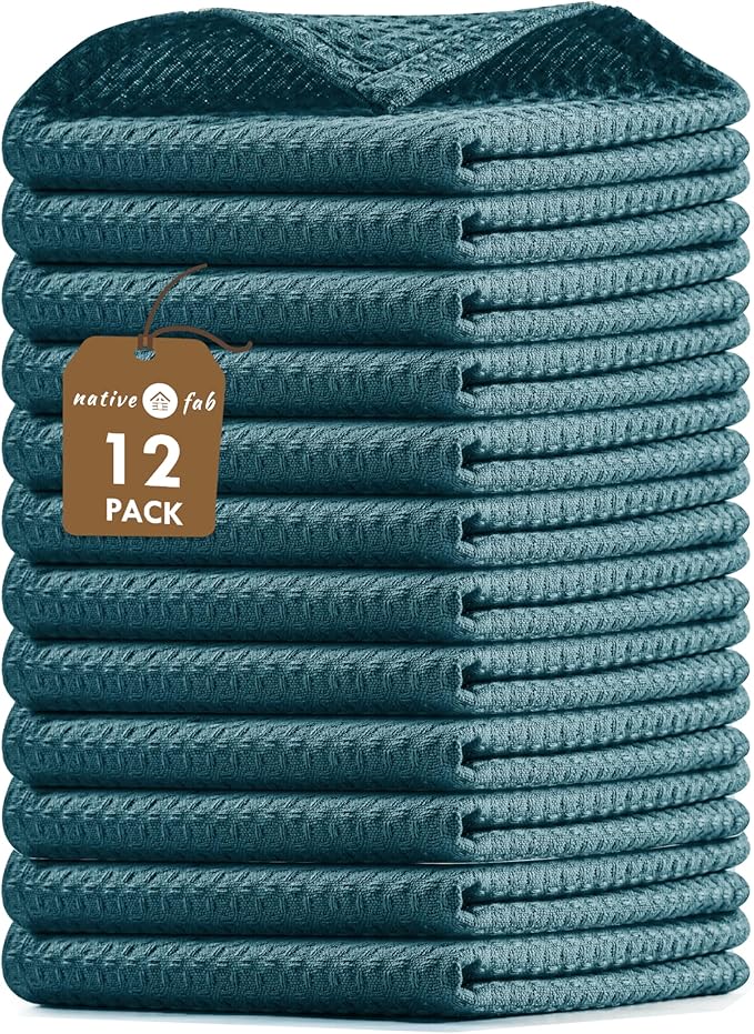 Native Fab Waffle 12 Pack Dish Cloths - 100% Cotton, Absorbent, Quick Drying, Washable Towels for Cleaning, Cooking - Ideal for Home, Restaurants, Bars & Multi Purpose Use - 12 x 12 inch - Teal Green