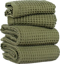 PÜSKÜL 4-Piece Natural 100% Turkish Cotton Luxury Waffle Towels for Bathroom | Premium Honeycomb Weave 2 Hand Towel & 2 Bath Towel Set | Soft Absorbent Quick-Dry Lightweight Towels (Khaki Green)