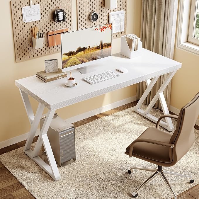 LITTLE TREE 55 Inch Large Simple Industrial Computer Desk Study Writing Table Home Office Workstation,White