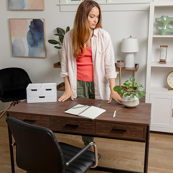 Martha Stewart Ollie Home Office Desk with 3 Drawers in Walnut Wood Grain with Oil Rubbed Bronze Hardware