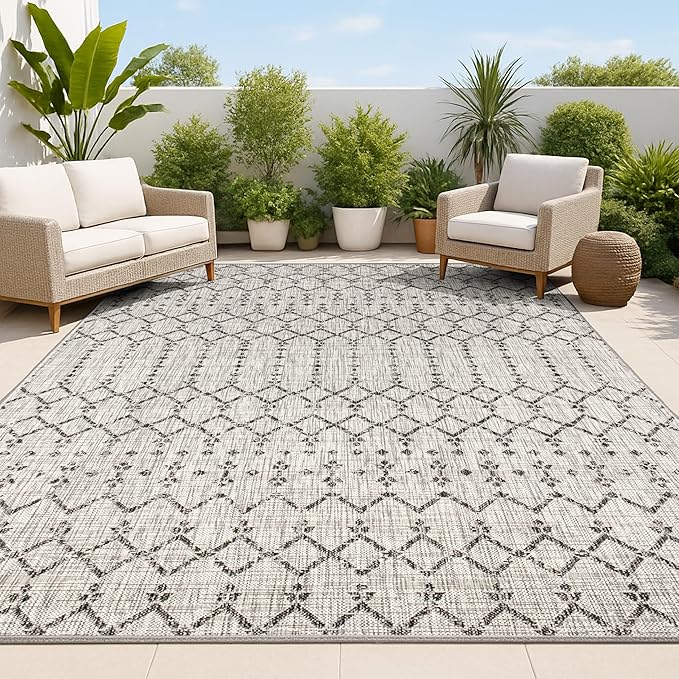 JONATHAN Y Moroccan Geometric Indoor Outdoor Area Rug 10X14 Light Gray/Black, Ourika Textured Weave for Backyard, Patio, Porch, Easy-Cleaning, High Traffic, Pet-Friendly, Non-Shedding (SMB108E-14)