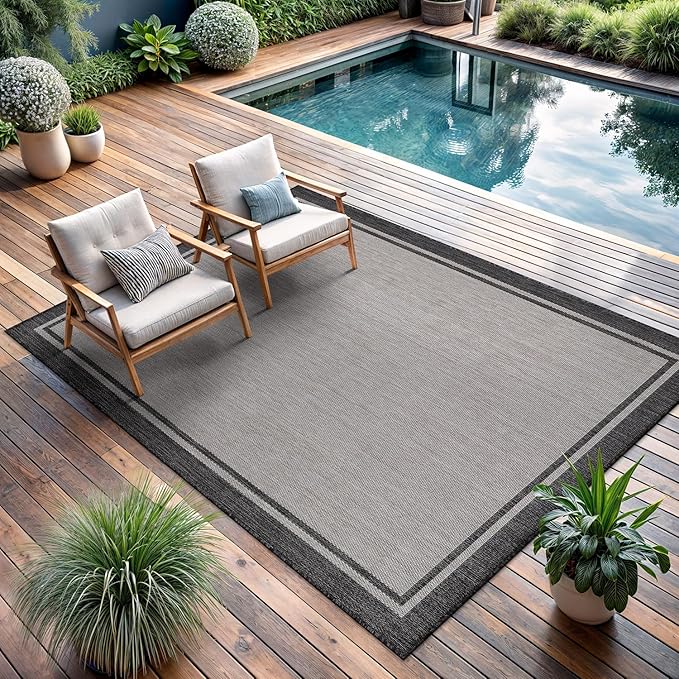 CAMILSON Indoor Outdoor Rug, 10x14 Bordered Gray Modern Area Rugs for Large Indoor and Outdoor Patios, Kitchen and Hallway Mats, Washable Porch Deck Outside Carpet (Bordered Grey, 10 x 14)