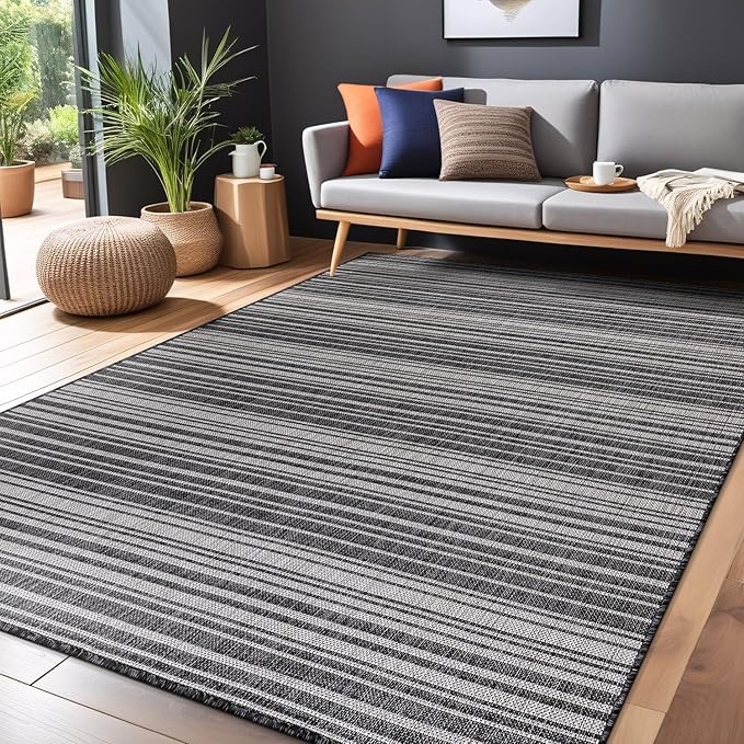 Stripe Outdoor Rug 8x10 Washable Outside Carpet for Indoor Patio Porch Waterproof Easy Cleaning Non Shedding Area Rugs Dark Gray 8 x 10