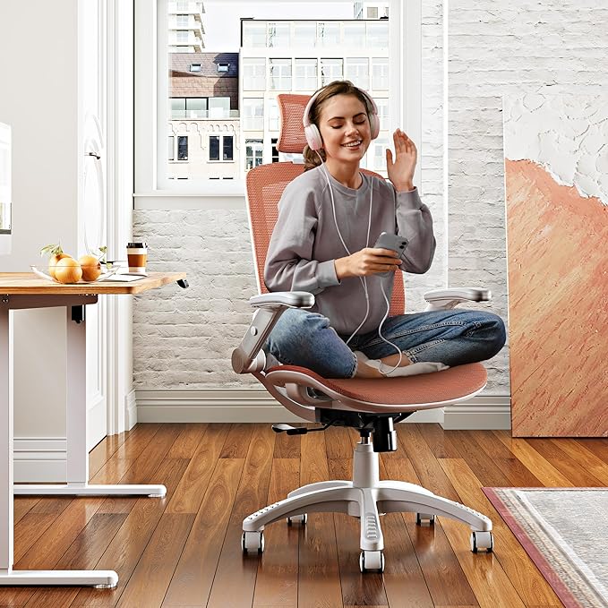 GABRYLLY Ergonomic Office Chair, High Back Home Desk Chair with Headrest, Flip-Up Arms, 90-120° Tilt Lock and Wide Cushion, 400LBS Mesh Chairs for Man Woman, White Task Chair(Orange,GY01WOR)