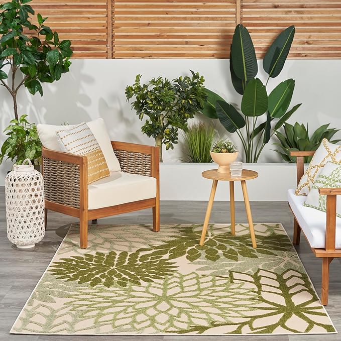 Nourison Home Aloha Tropical Indoor/Outdoor Ivory Green 6' x 9' Area Rug, Easy Cleaning, Non Shedding, Bed Room, Living Room, Dining Room, Backyard, Deck, Patio (6x9)